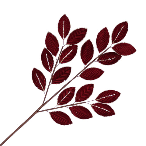Tige décorative feuilles rouges en velours et paillettes