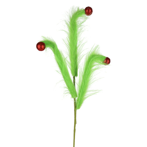 Tige décorative verte en fourrure avec boules rouges scintillantes