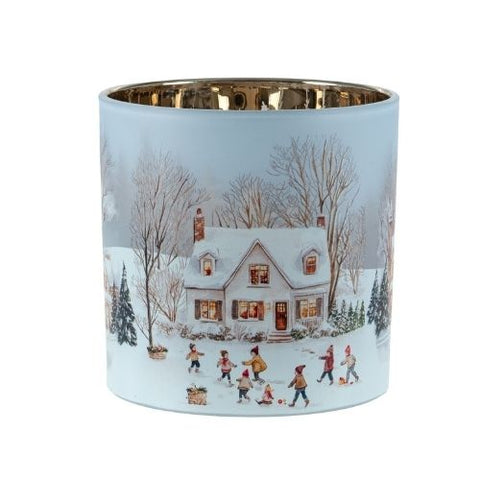 Bougeoir en verre avec scène de maison hivernale