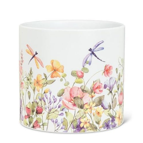 Cache-pot décoratif avec motifs floraux et libellules