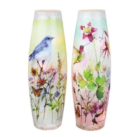 Vase décoratif illuminé "Oiseaux et fleurs sauvages"