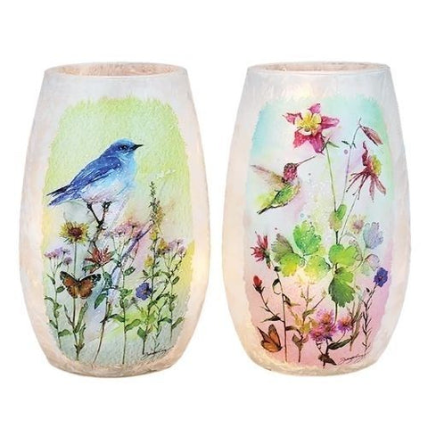 Vase décoratif illuminé "Oiseaux et fleurs sauvages"