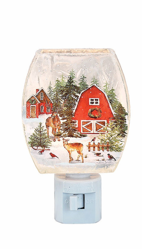 Veilleuse de Noël Grange rouge et cerfs dans un décor hivernal