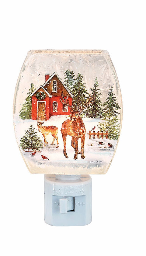 Veilleuse de Noël Maison rouge, cerfs et forêt enneigée