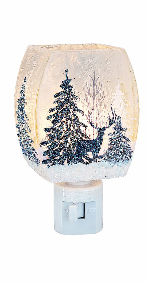 Veilleuse de Noël Cerf et forêt de sapins bleus scintillants