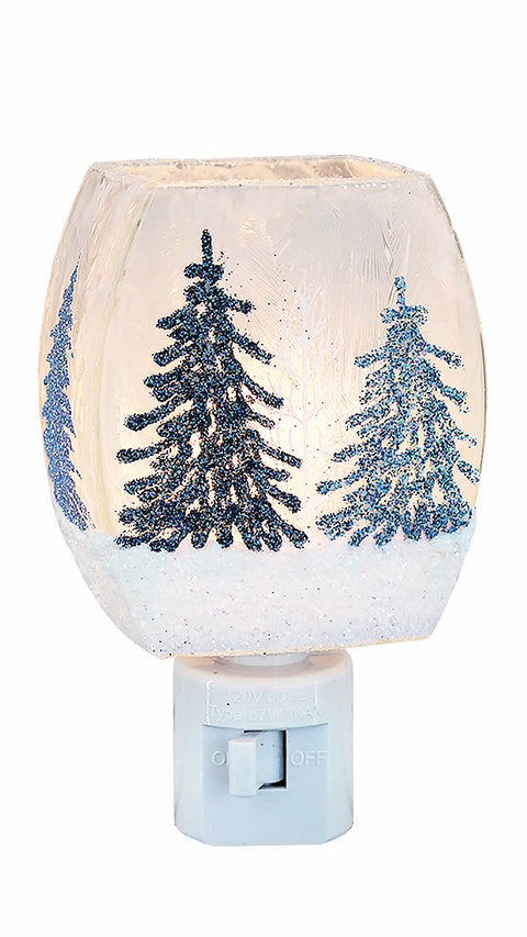 Veilleuse de Noël Sapins bleus pailletés sur fond enneigé