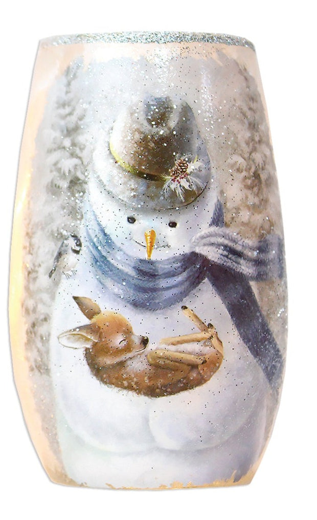 Vase illuminé avec cerf et bonhomme de neige